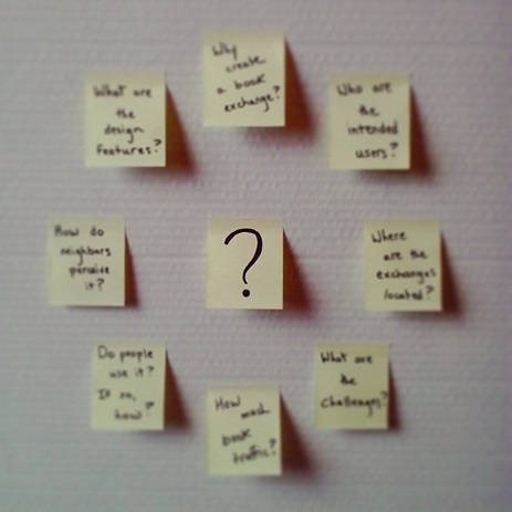 post-it note array of early neighborhood book exchange questions.